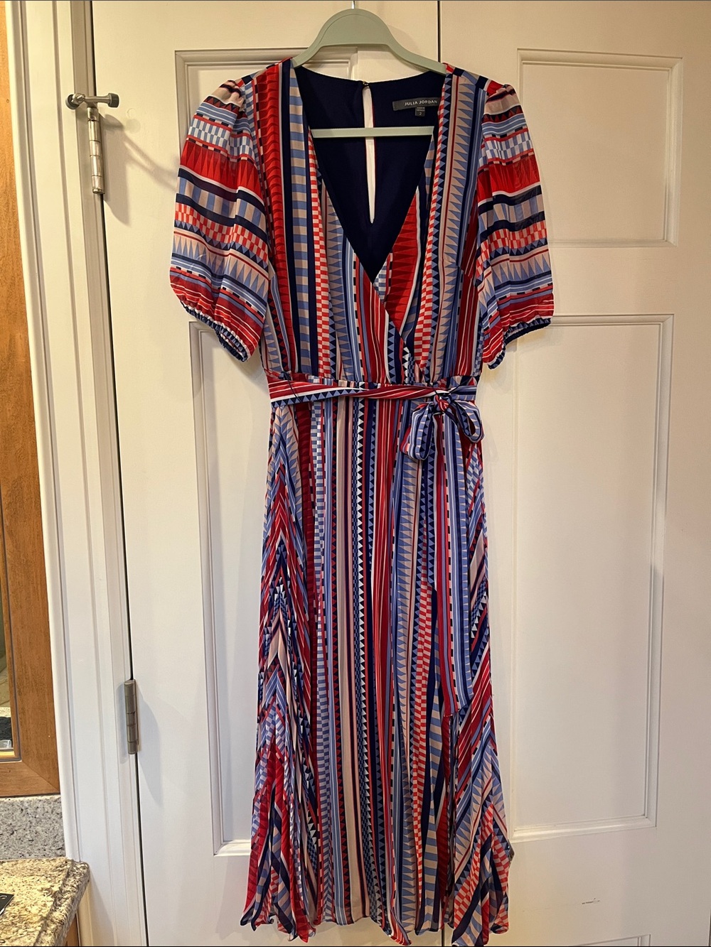 Striped V-Neck Wrap Midi Dress - Red & Blue
